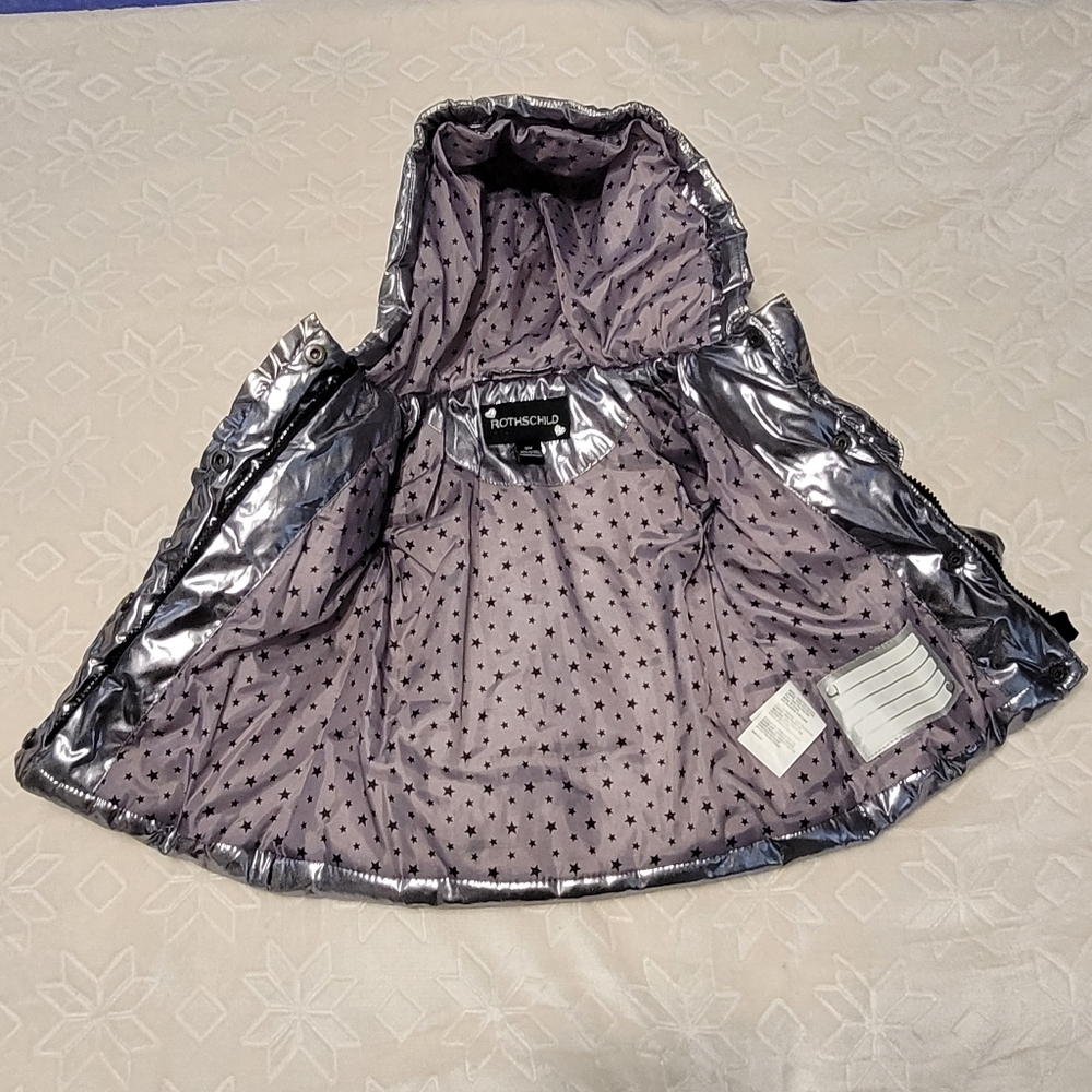 Rothschild Little Girls Hooded Metallic Silver Puffer Jacket With Pockets 12M - Picture 15 of 16